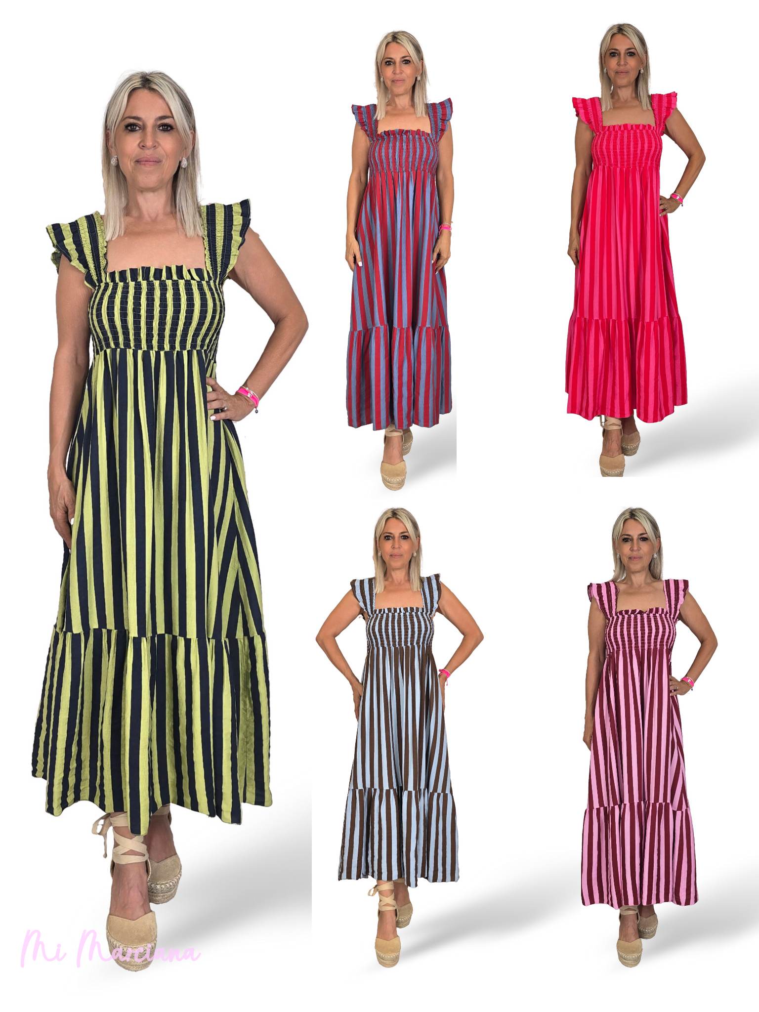 Vestido favo de mel com folhos e riscas
