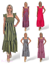 Vestido favo de mel com folhos e riscas