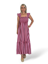 Vestido favo de mel com folhos e riscas