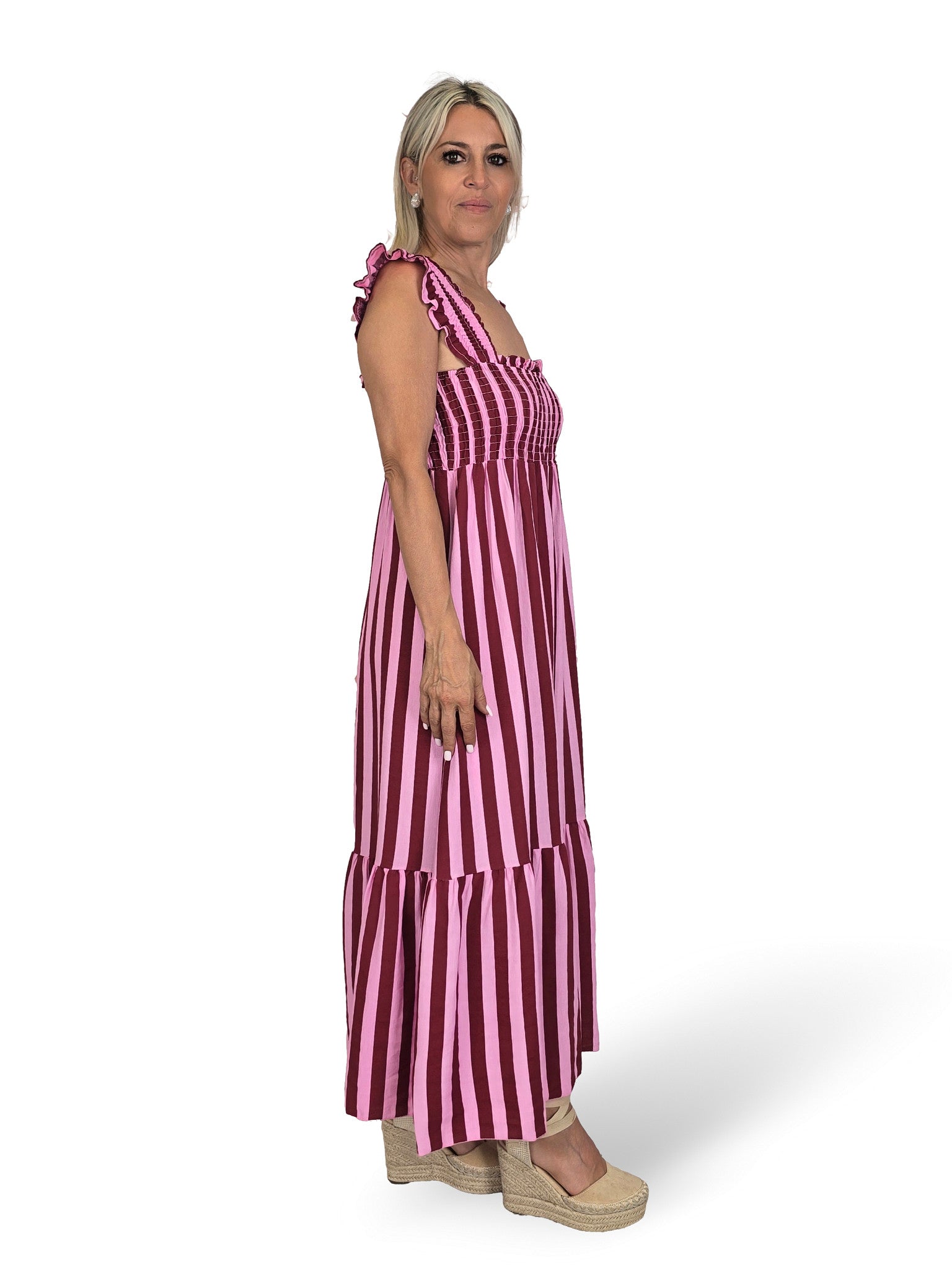 Vestido favo de mel com folhos e riscas