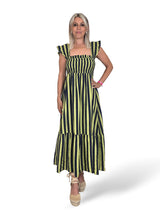 Vestido favo de mel com folhos e riscas