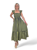 Vestido favo de mel com folhos e riscas