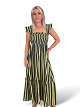 Vestido favo de mel com folhos e riscas