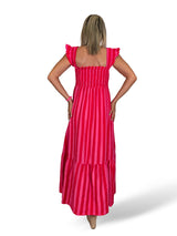 Vestido favo de mel com folhos e riscas