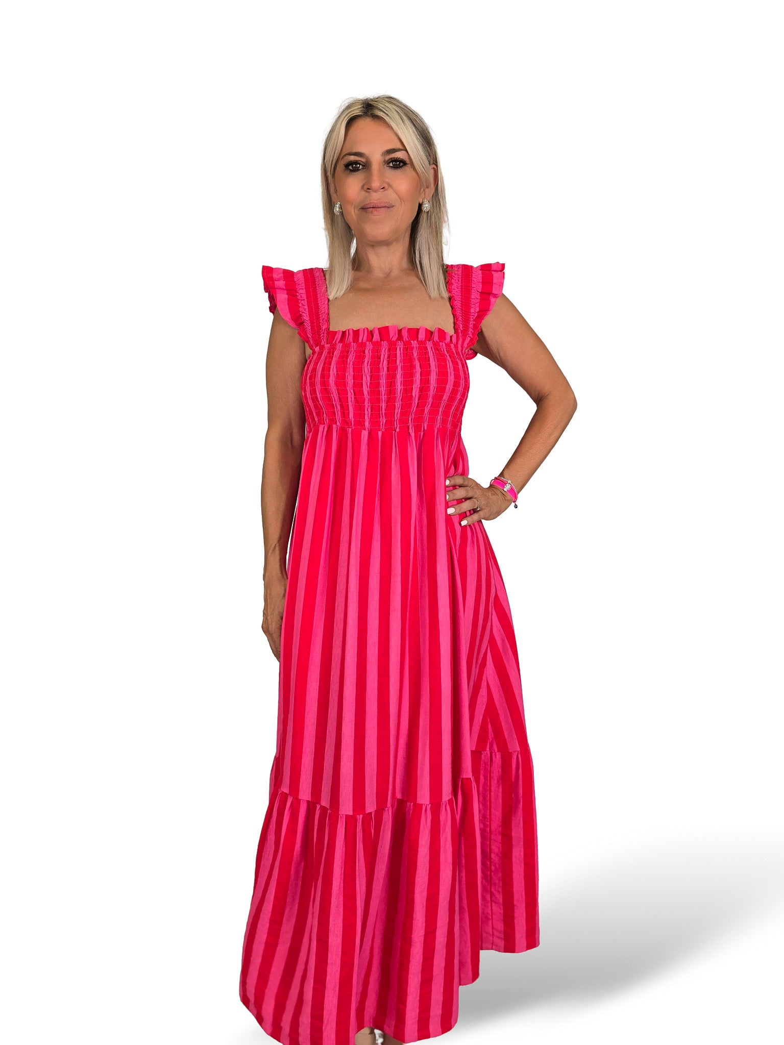 Vestido favo de mel com folhos e riscas