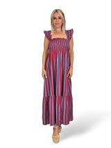 Vestido favo de mel com folhos e riscas