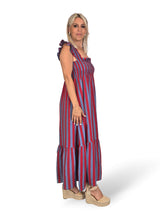 Vestido favo de mel com folhos e riscas