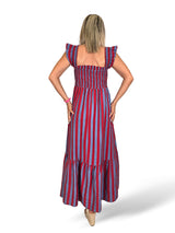 Vestido favo de mel com folhos e riscas
