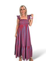 Vestido favo de mel com folhos e riscas