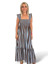 Vestido favo de mel com folhos e riscas