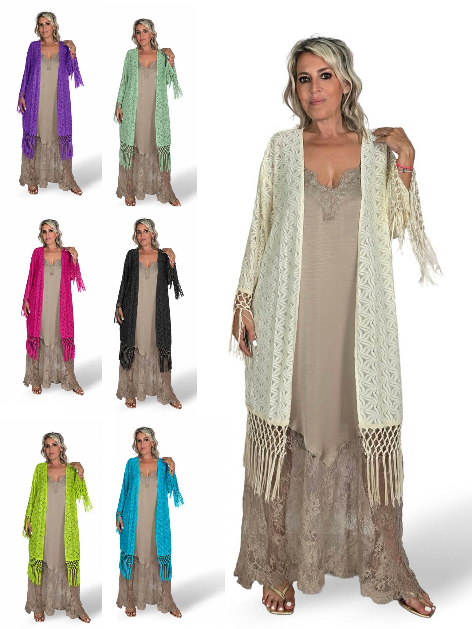 Kimono mit offenem Strickmuster und Fransen