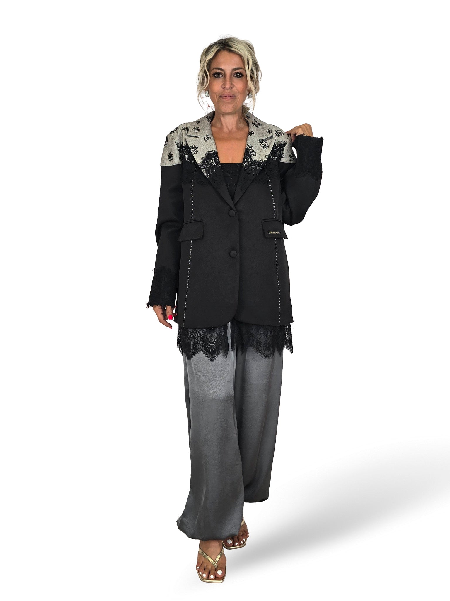 Blazer in pizzo floccato a motivi floreali