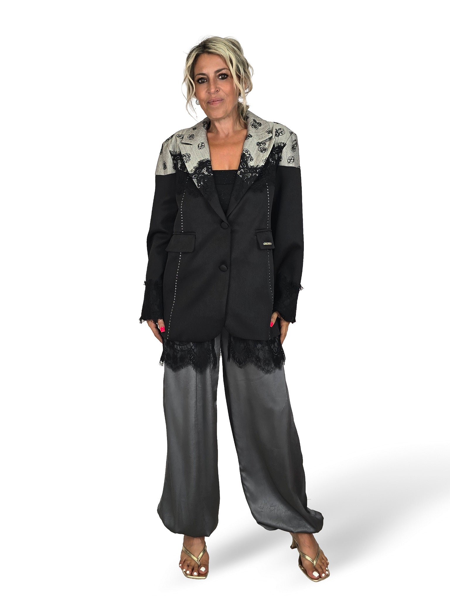 Blazer in pizzo floccato a motivi floreali