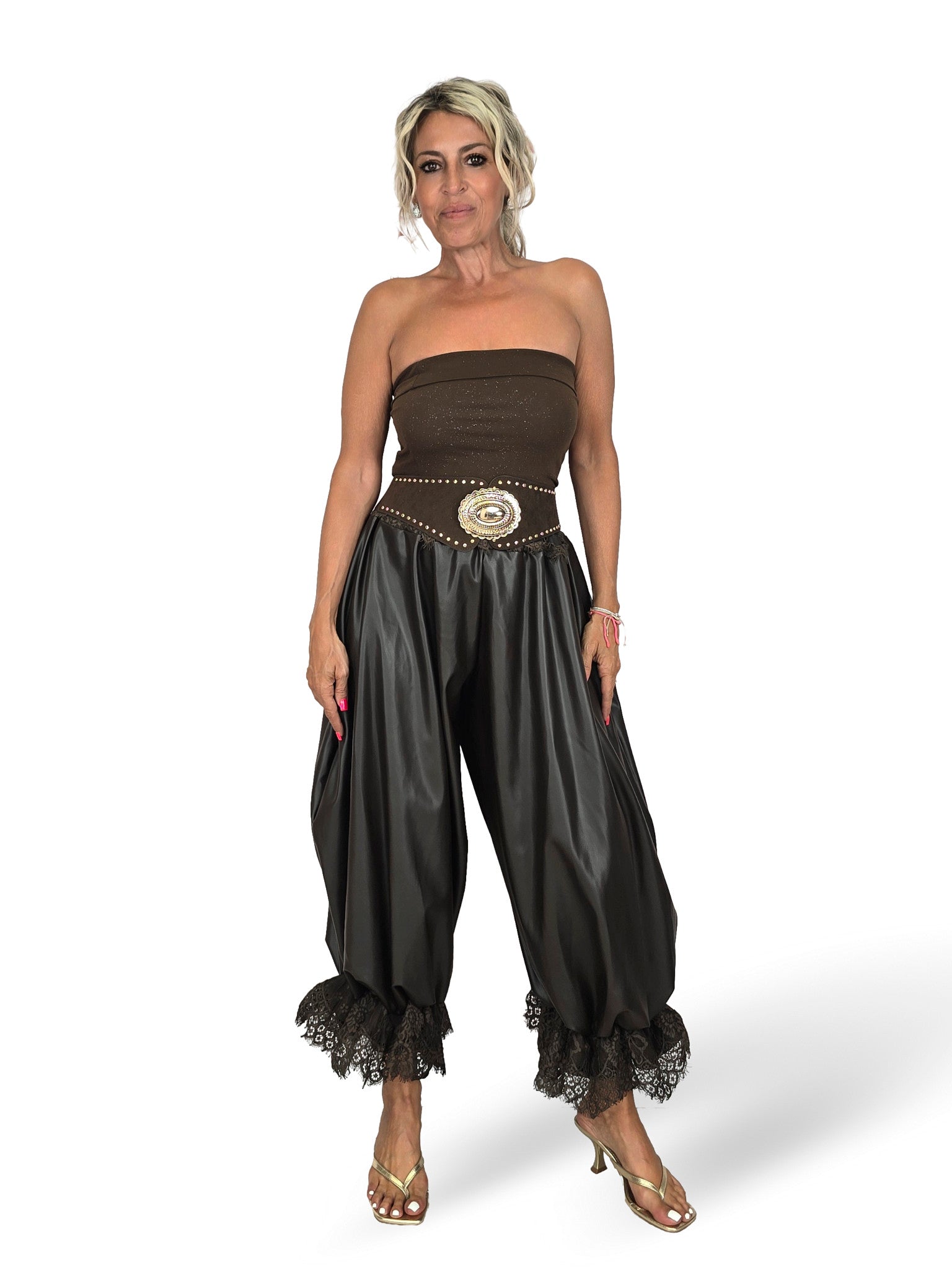 Pantaloni palazzo in similpelle con lacci