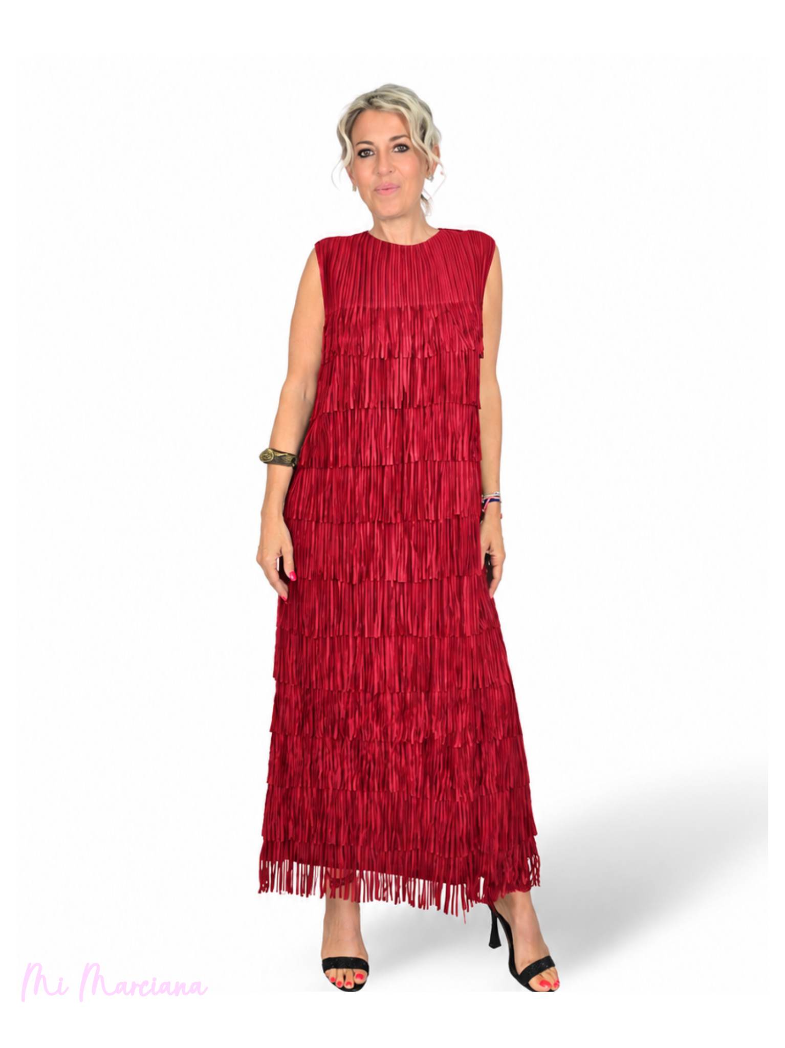VESTIDO LARGO DE FLECOS CON TIRANTES