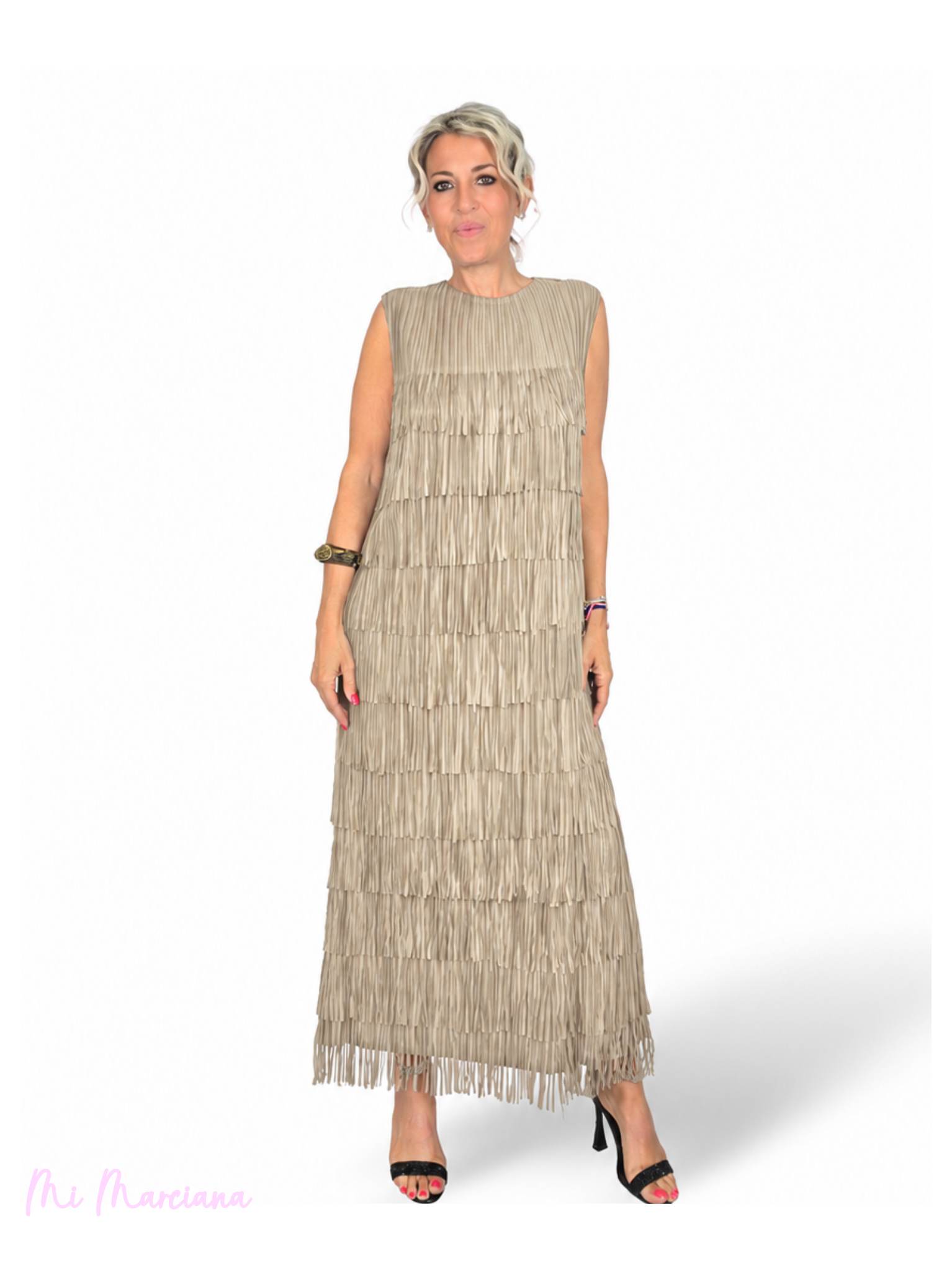 VESTIDO LARGO DE FLECOS CON TIRANTES