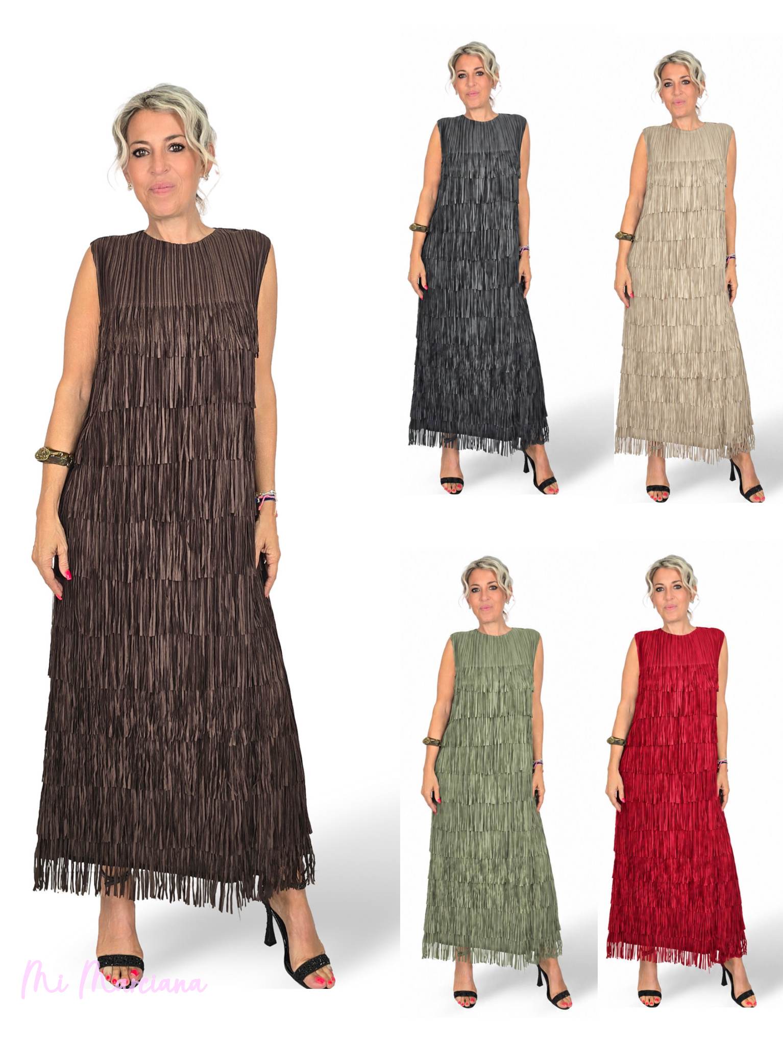 VESTIDO LARGO DE FLECOS CON TIRANTES