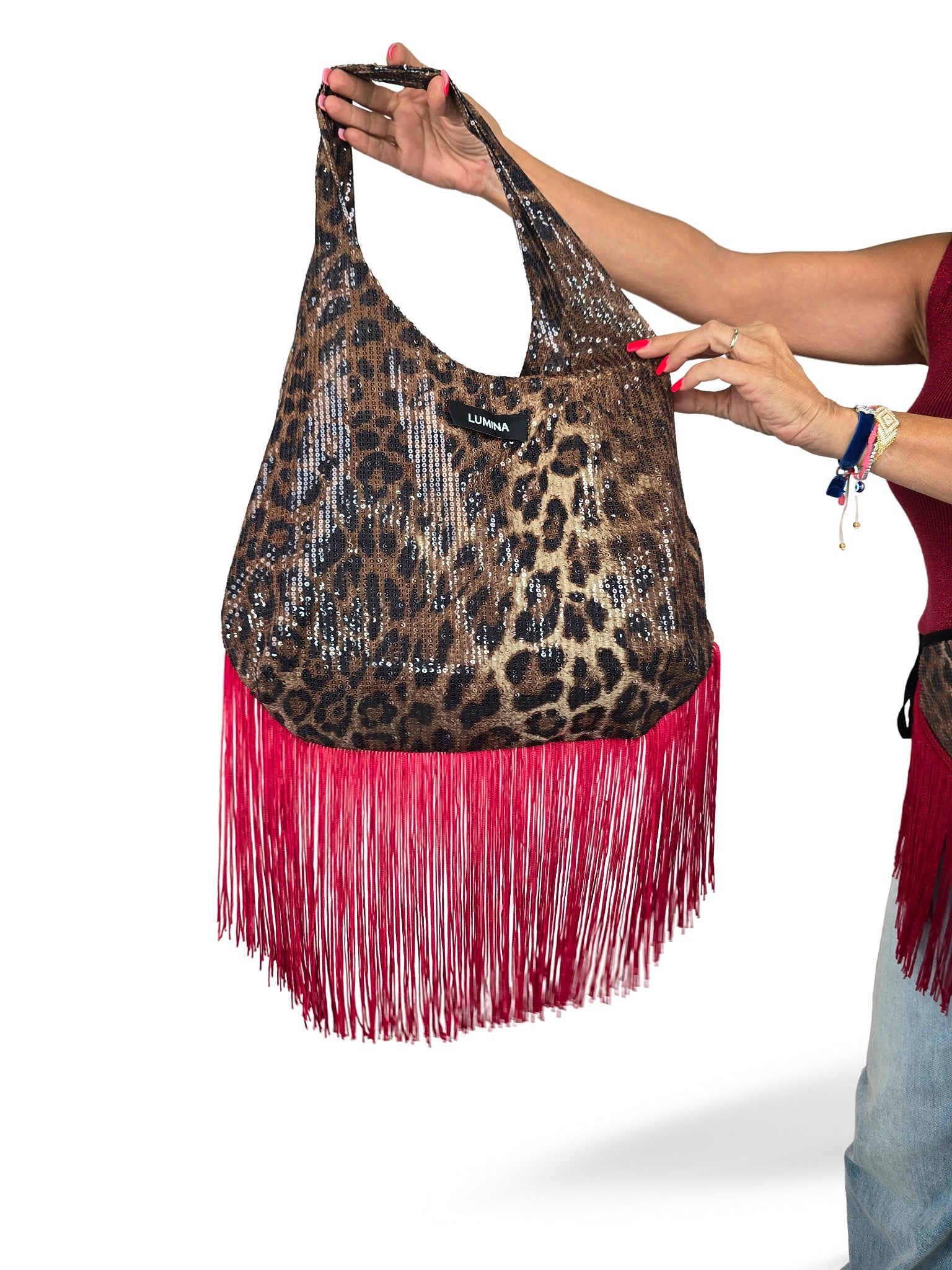 SACO ESTAMPADO ANIMAL COM LANTEJOS E FRANJAS