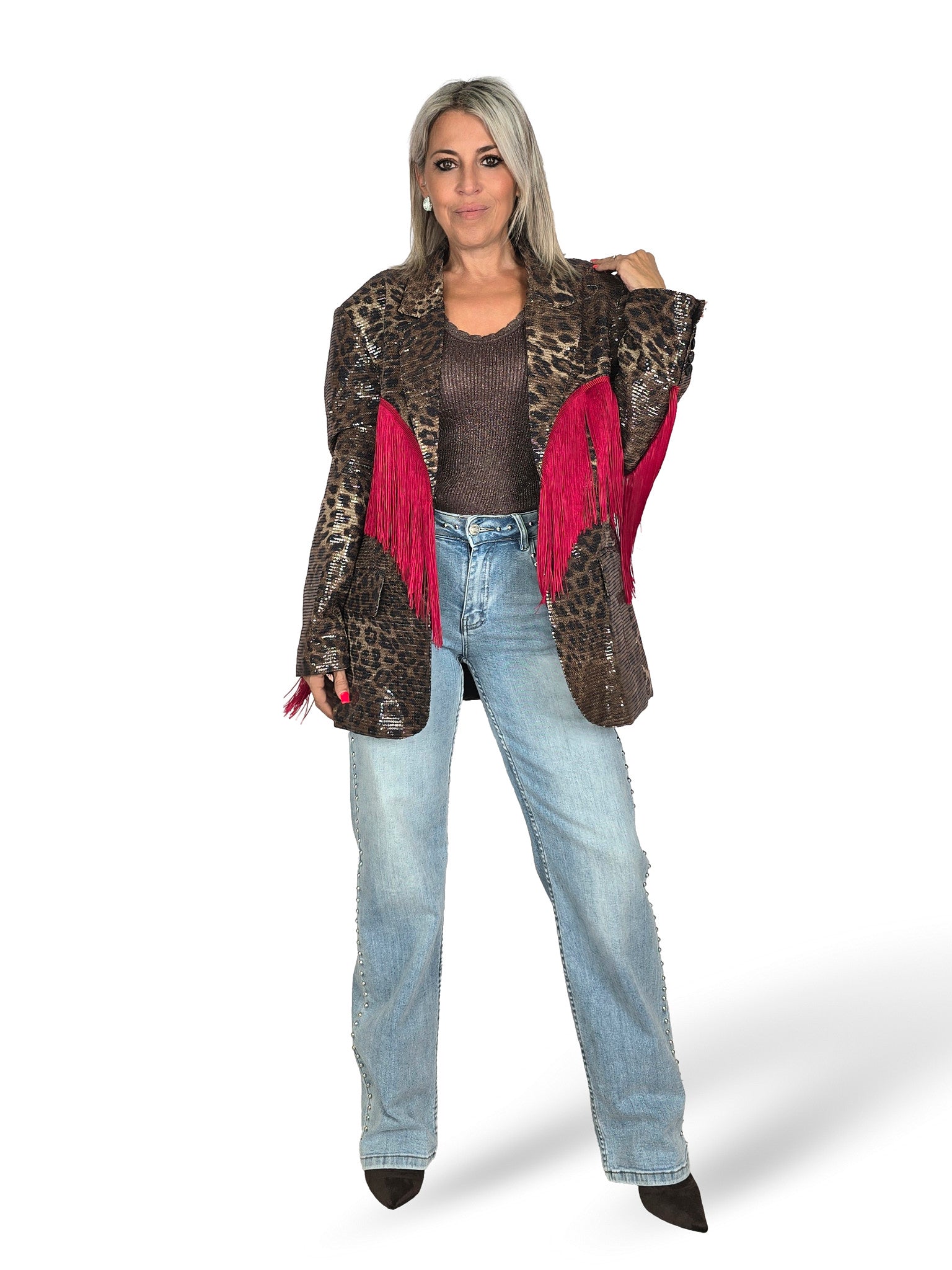 BLAZER DE ESTAMPADO ANIMAL CON LENTEJUELAS Y FLECOS