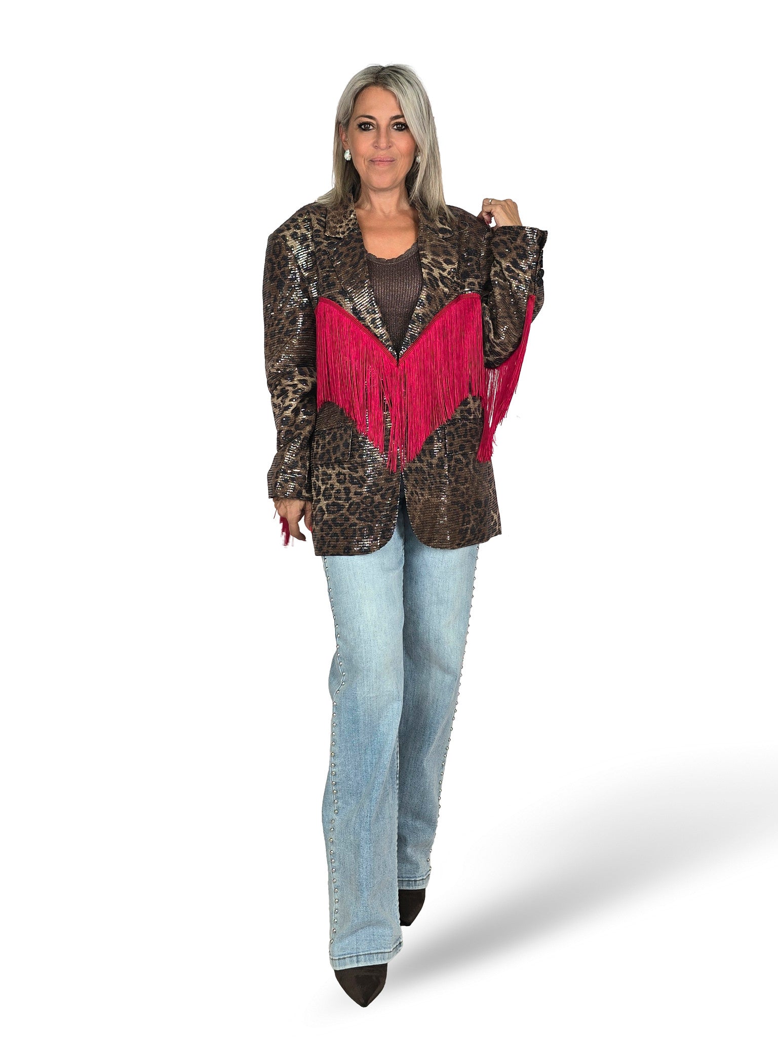 BLAZER DE ESTAMPADO ANIMAL CON LENTEJUELAS Y FLECOS