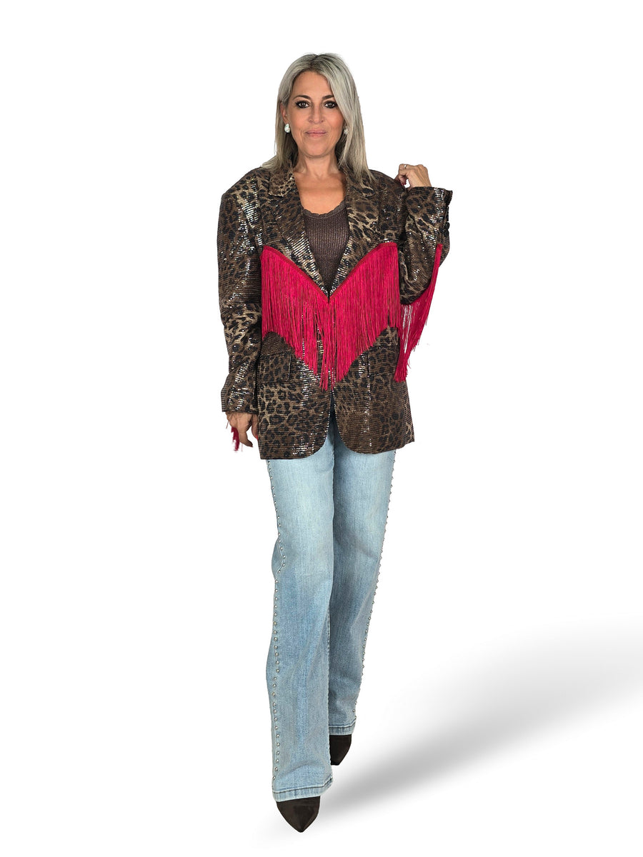 BLAZER DE ESTAMPADO ANIMAL CON LENTEJUELAS Y FLECOS