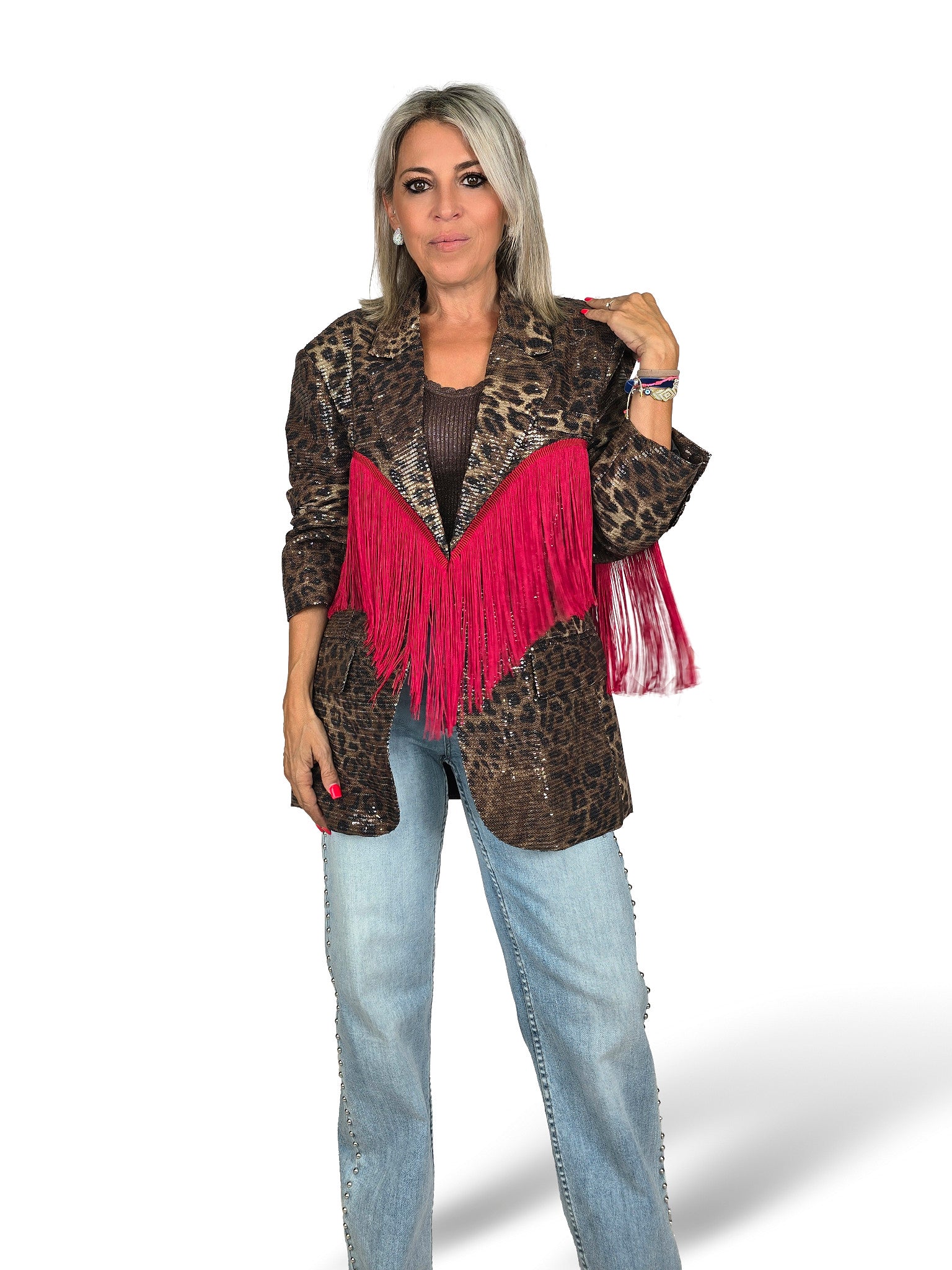 BLAZER DE ESTAMPADO ANIMAL CON LENTEJUELAS Y FLECOS