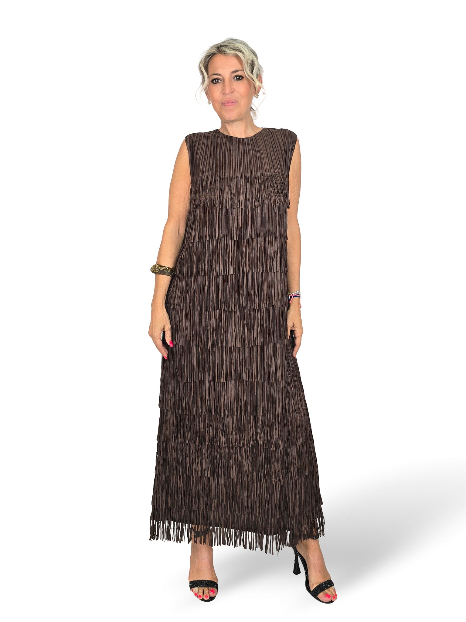 VESTIDO LARGO DE FLECOS CON TIRANTES