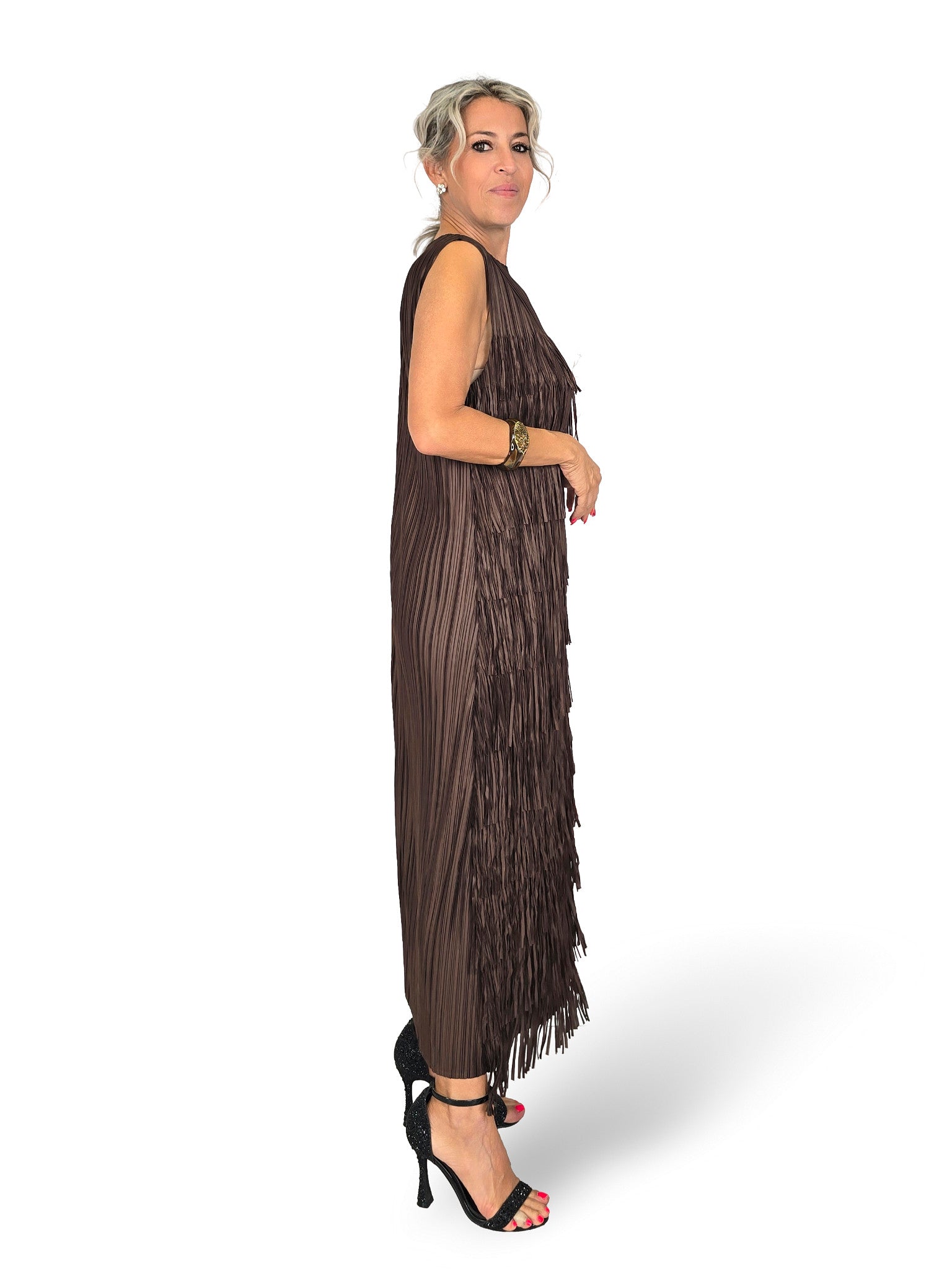 VESTIDO LARGO DE FLECOS CON TIRANTES
