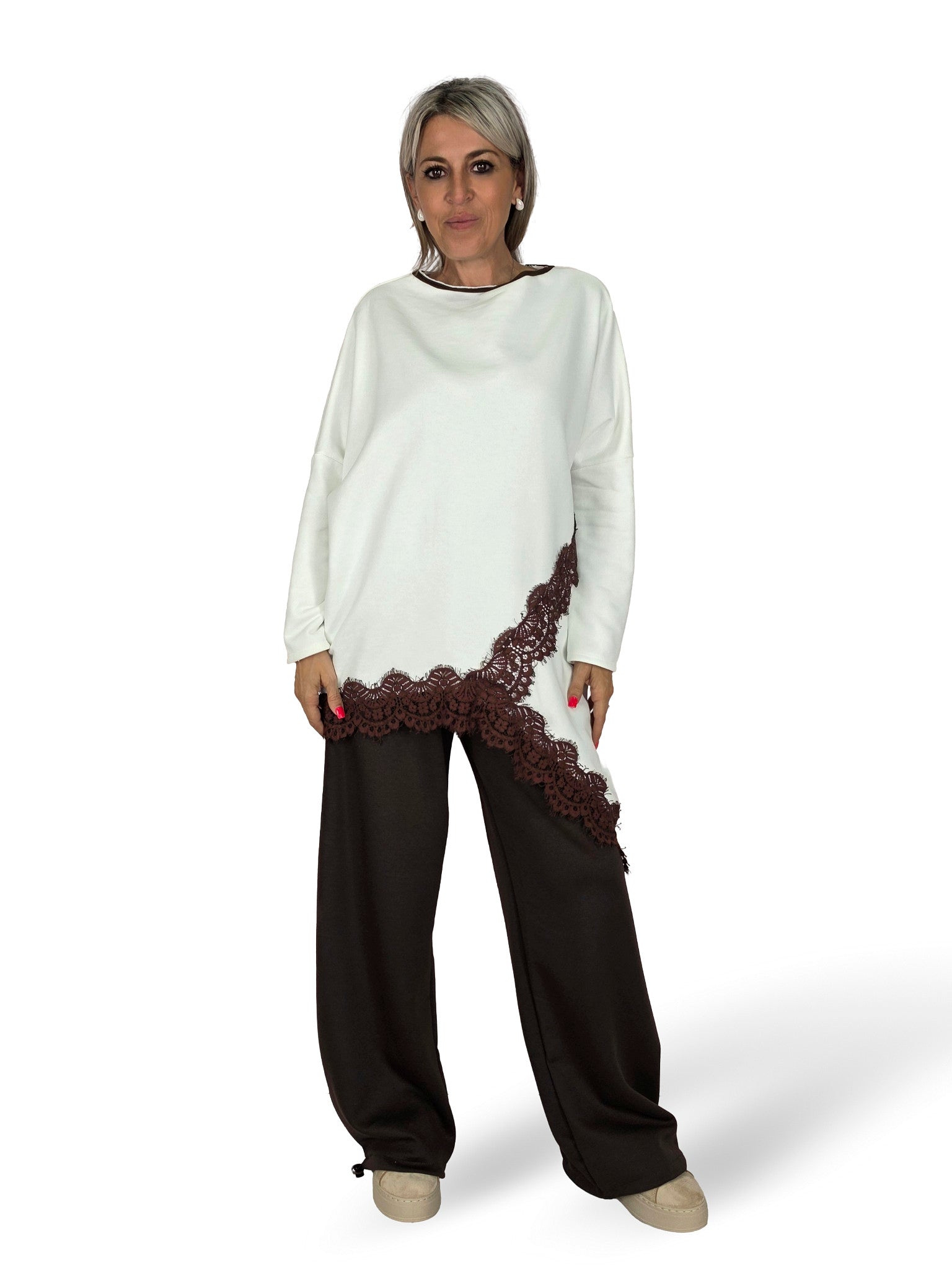 MAXI SUDADERA ASIMETRICA ENCAJE MARRON JOT