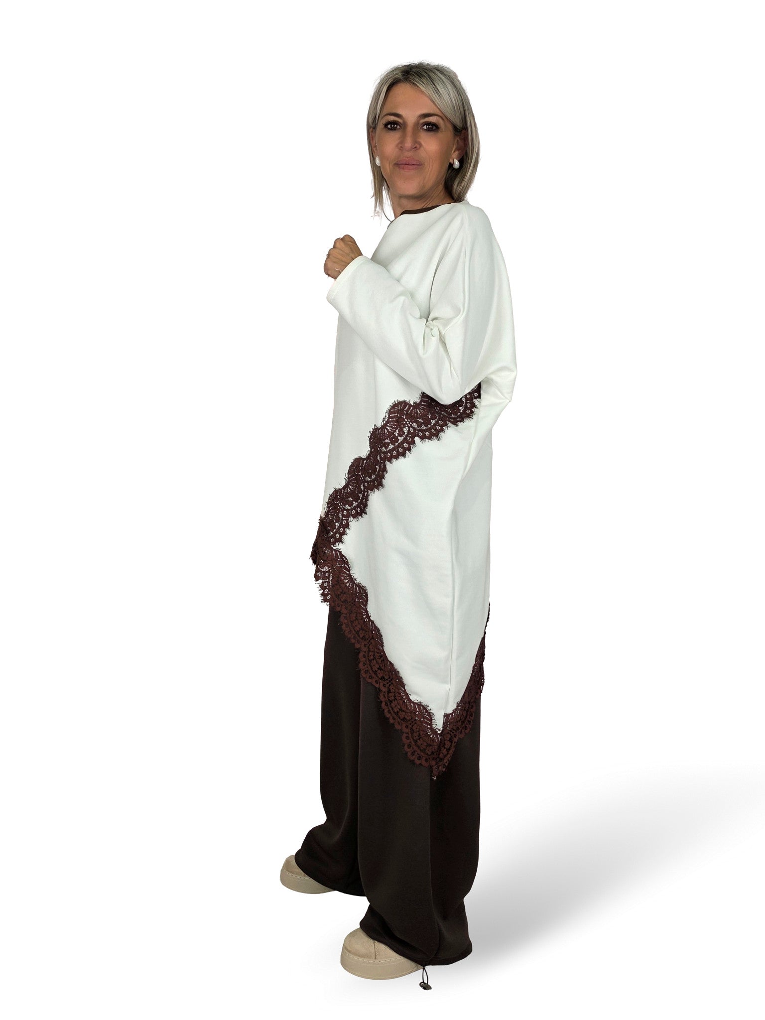 MAXI SUDADERA ASIMETRICA ENCAJE MARRON JOT