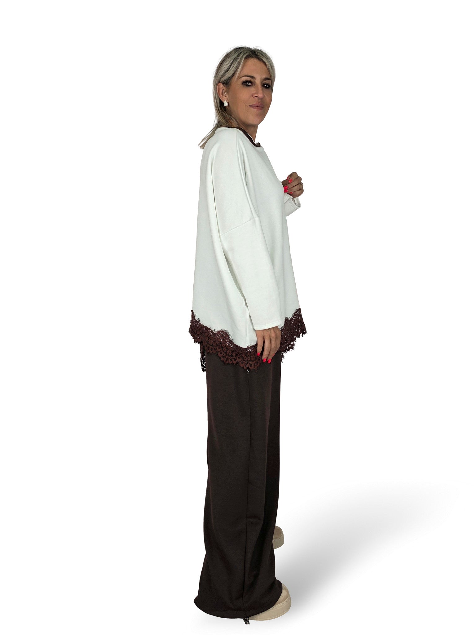 MAXI SUDADERA ASIMETRICA ENCAJE MARRON JOT