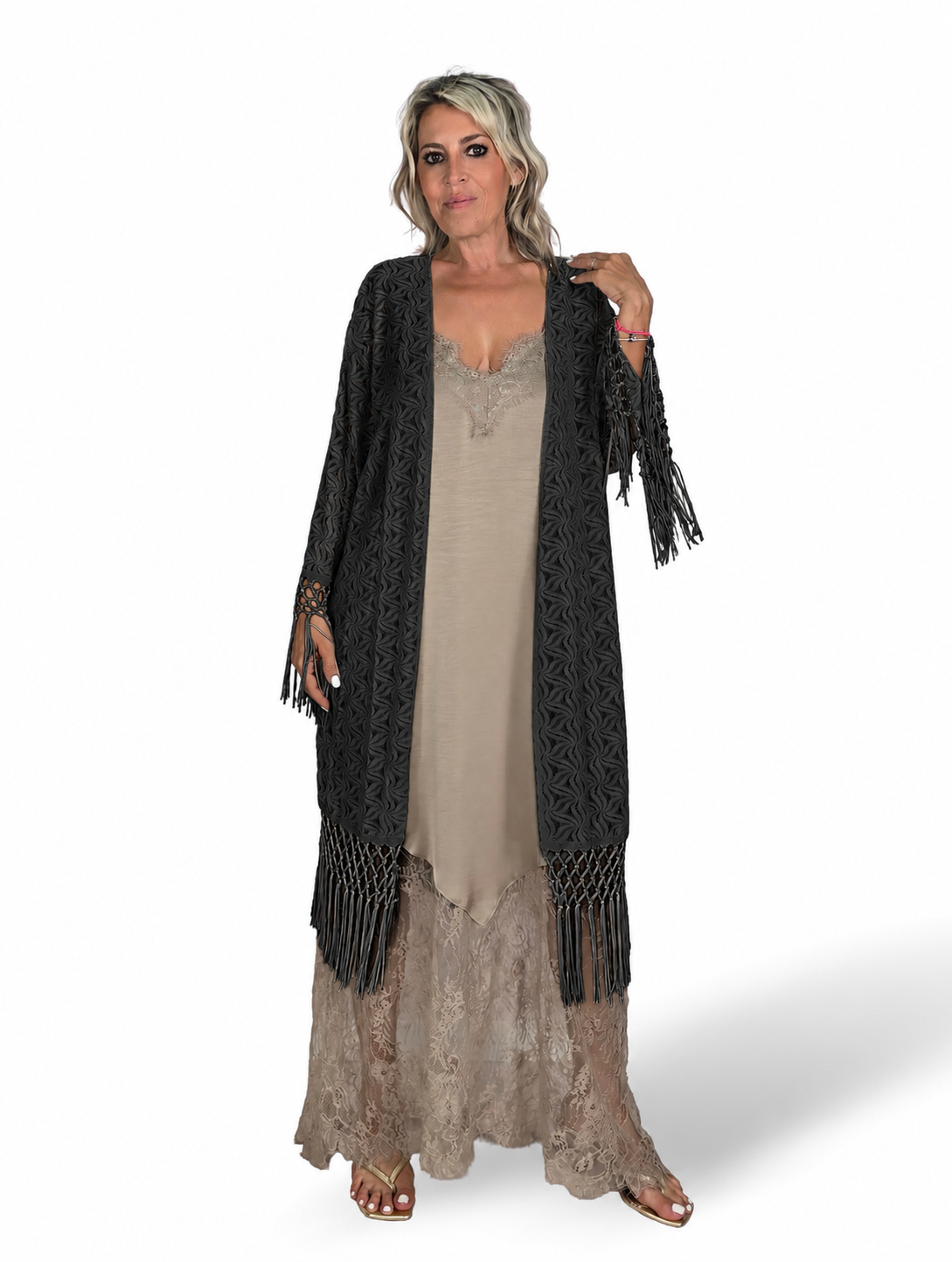 Kimono mit offenem Strickmuster und Fransen