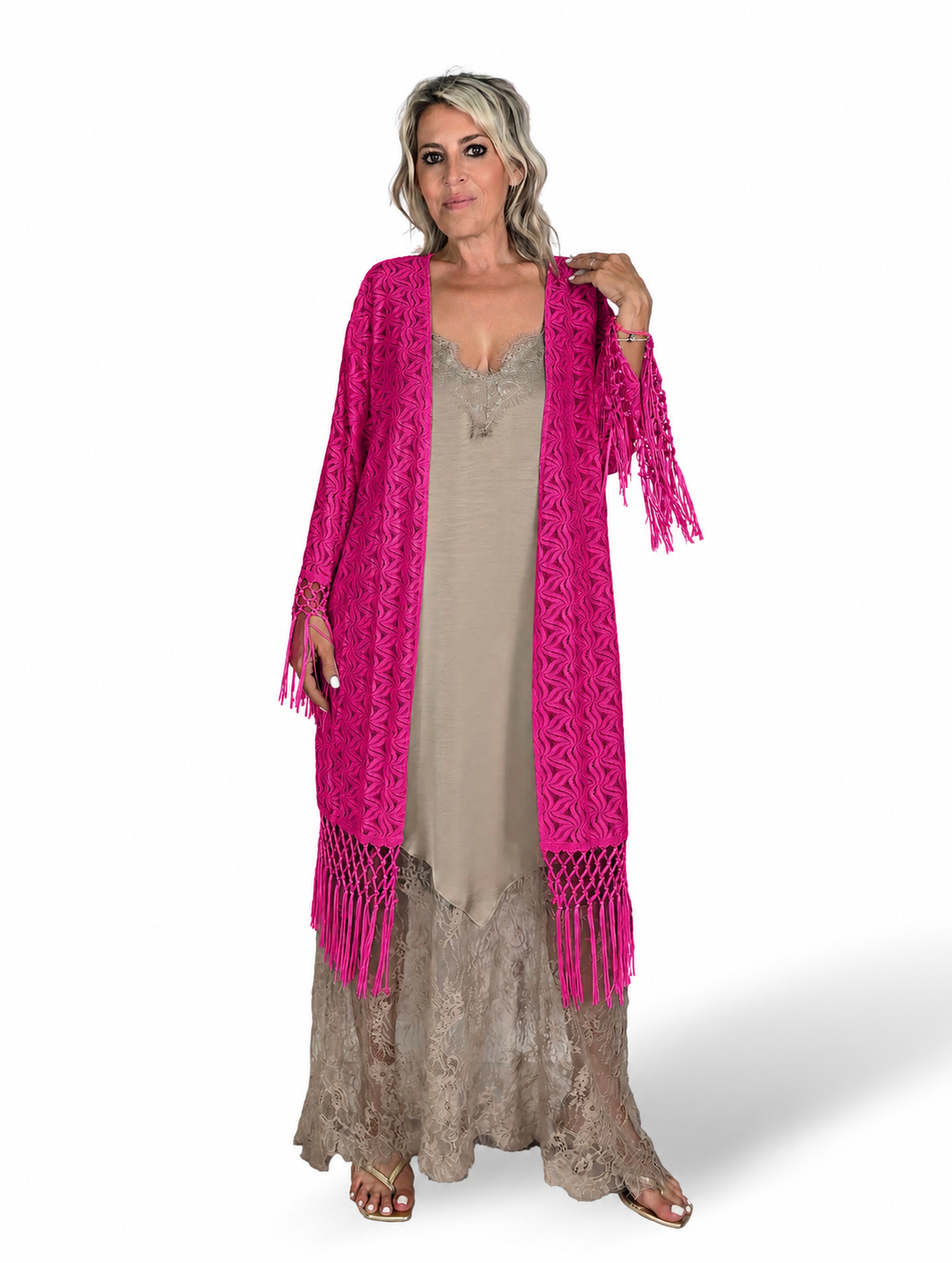 Kimono mit offenem Strickmuster und Fransen