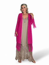 Kimono mit offenem Strickmuster und Fransen