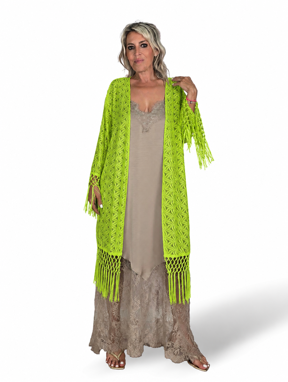 Kimono mit offenem Strickmuster und Fransen