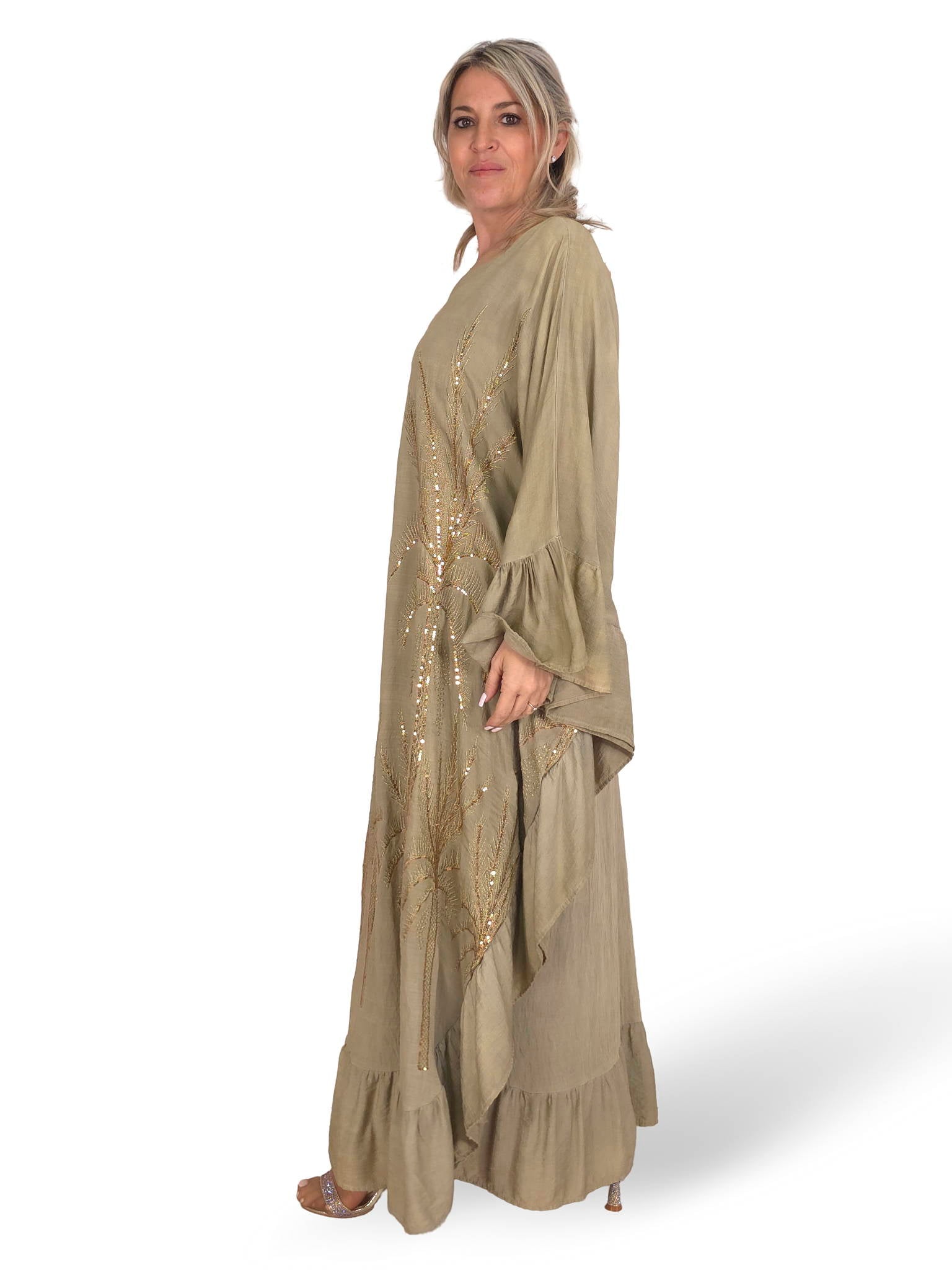 KAFTAN PALMERAS LENTEJUELAS VOLANTES JOT