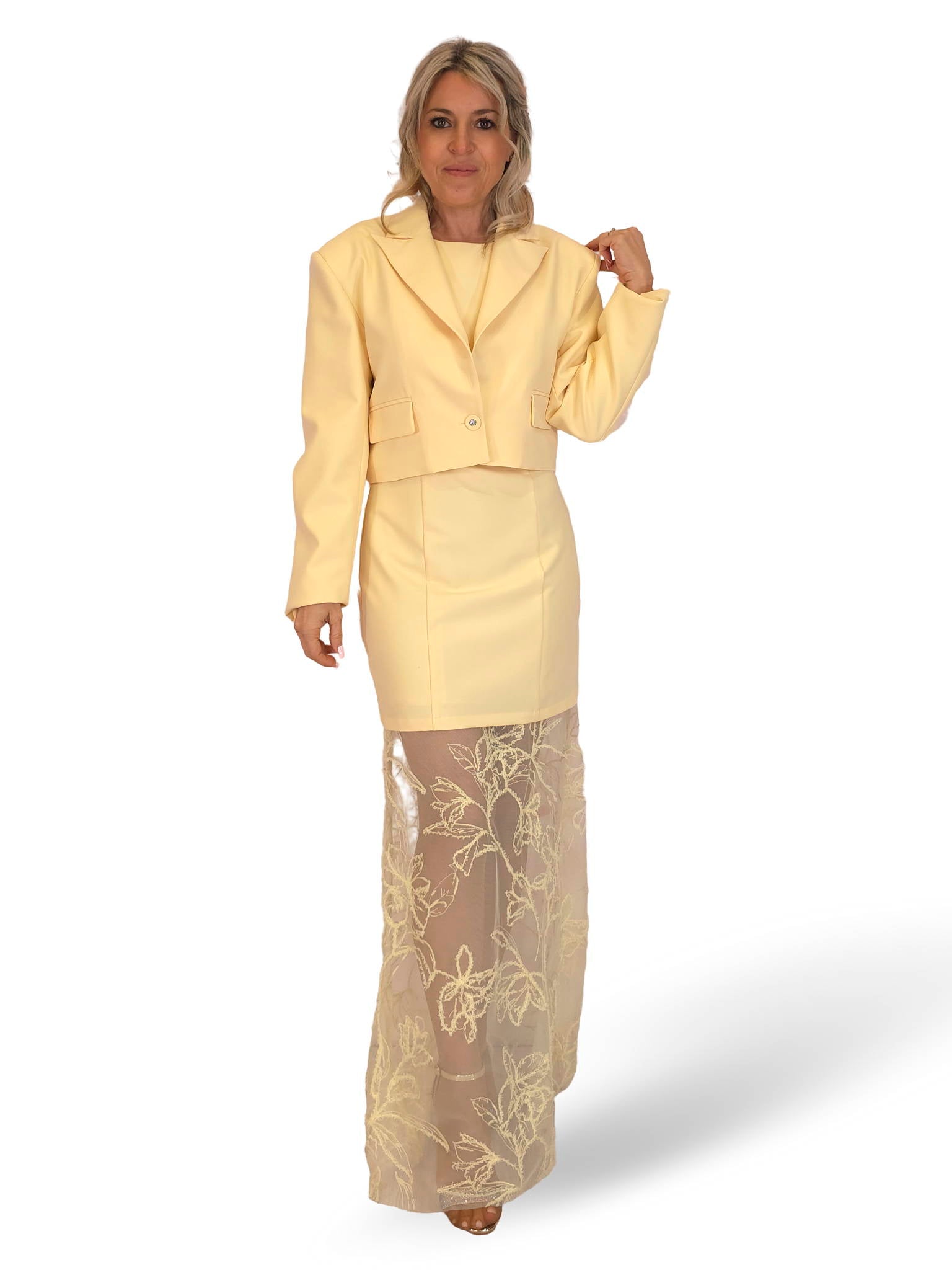CONJUNTO VESTIDO BLAZER COMBINADO BORDADO TUL