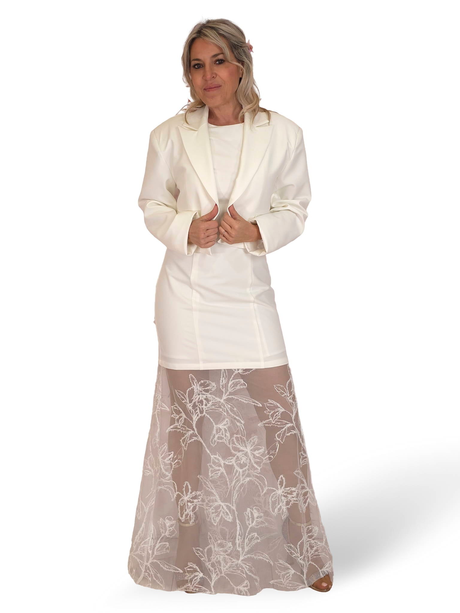 CONJUNTO VESTIDO BLAZER COMBINADO BORDADO TUL