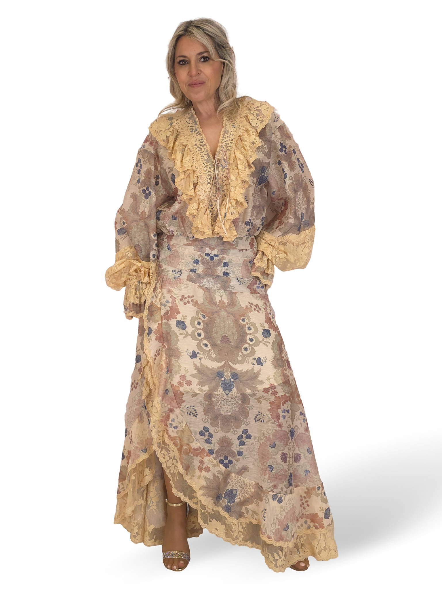 Conjunto de linho estampado e renda