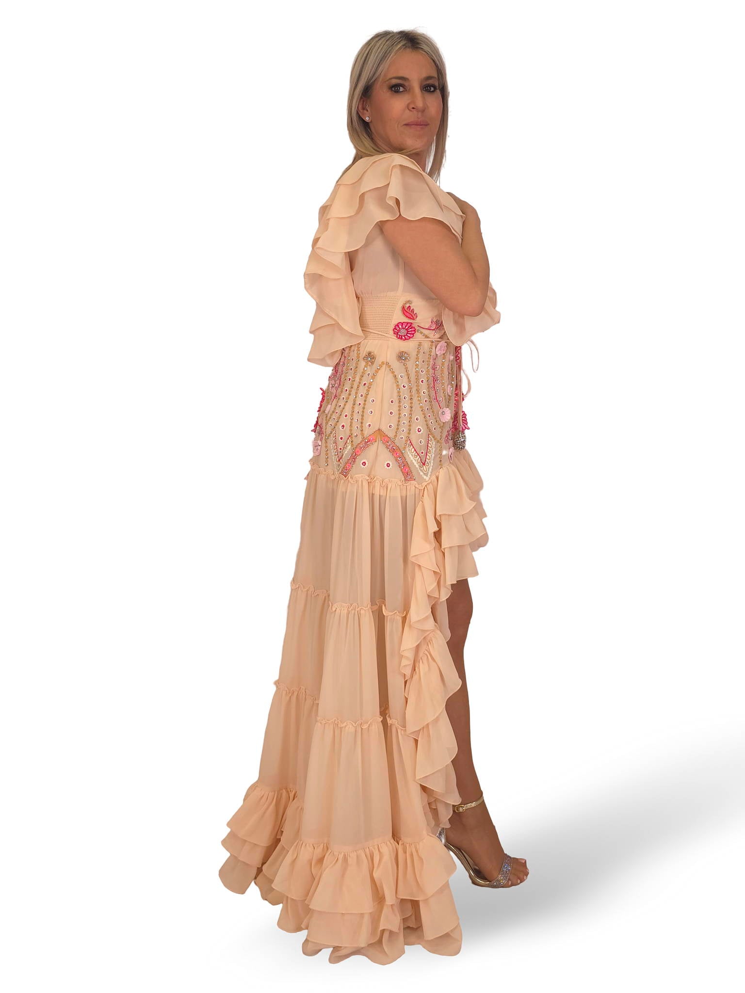 VESTIDO LARGO ASIMETRICO DIAMOND MELOCOTON JOT