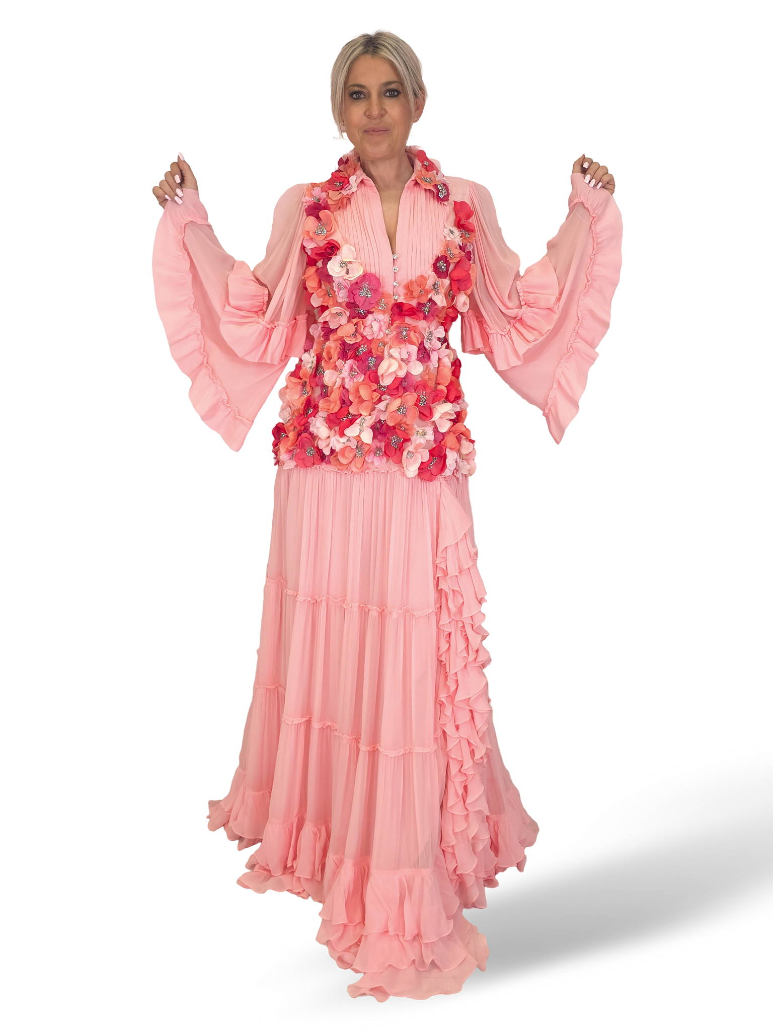 VESTIDO LARGO FLORES MANGA LARGA ROSA JOT