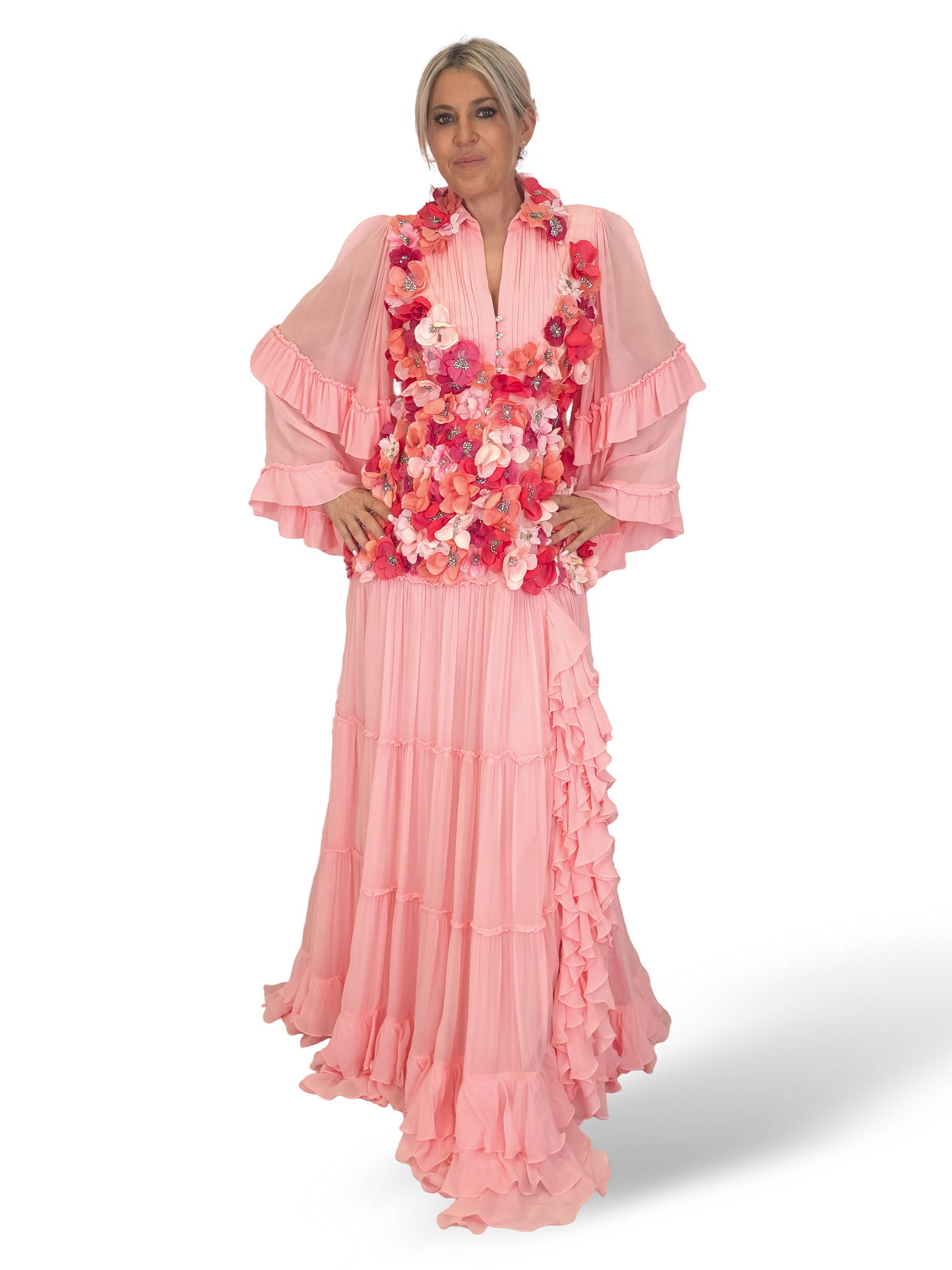 VESTIDO LARGO FLORES MANGA LARGA ROSA JOT