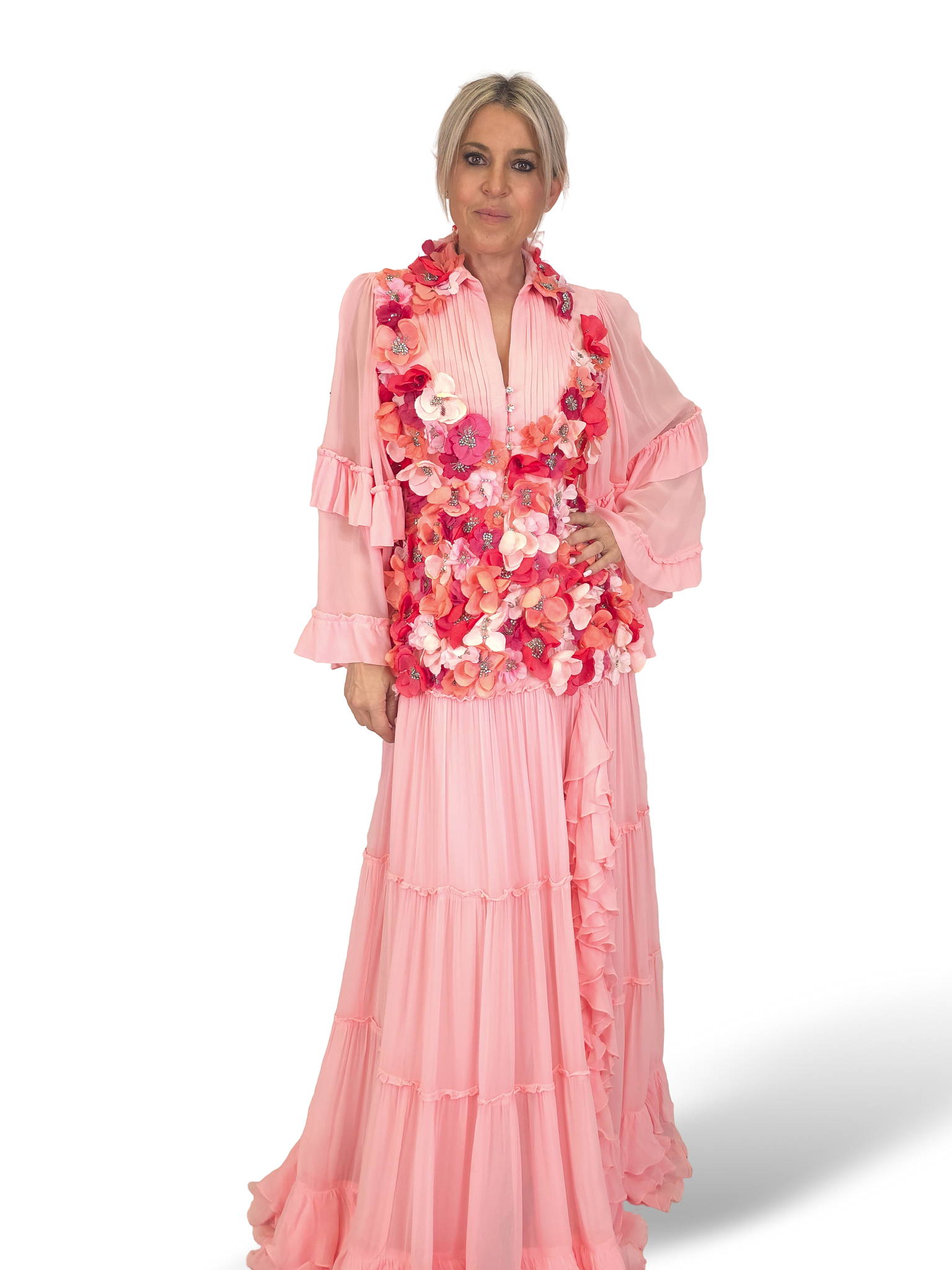 VESTIDO LARGO FLORES MANGA LARGA ROSA JOT