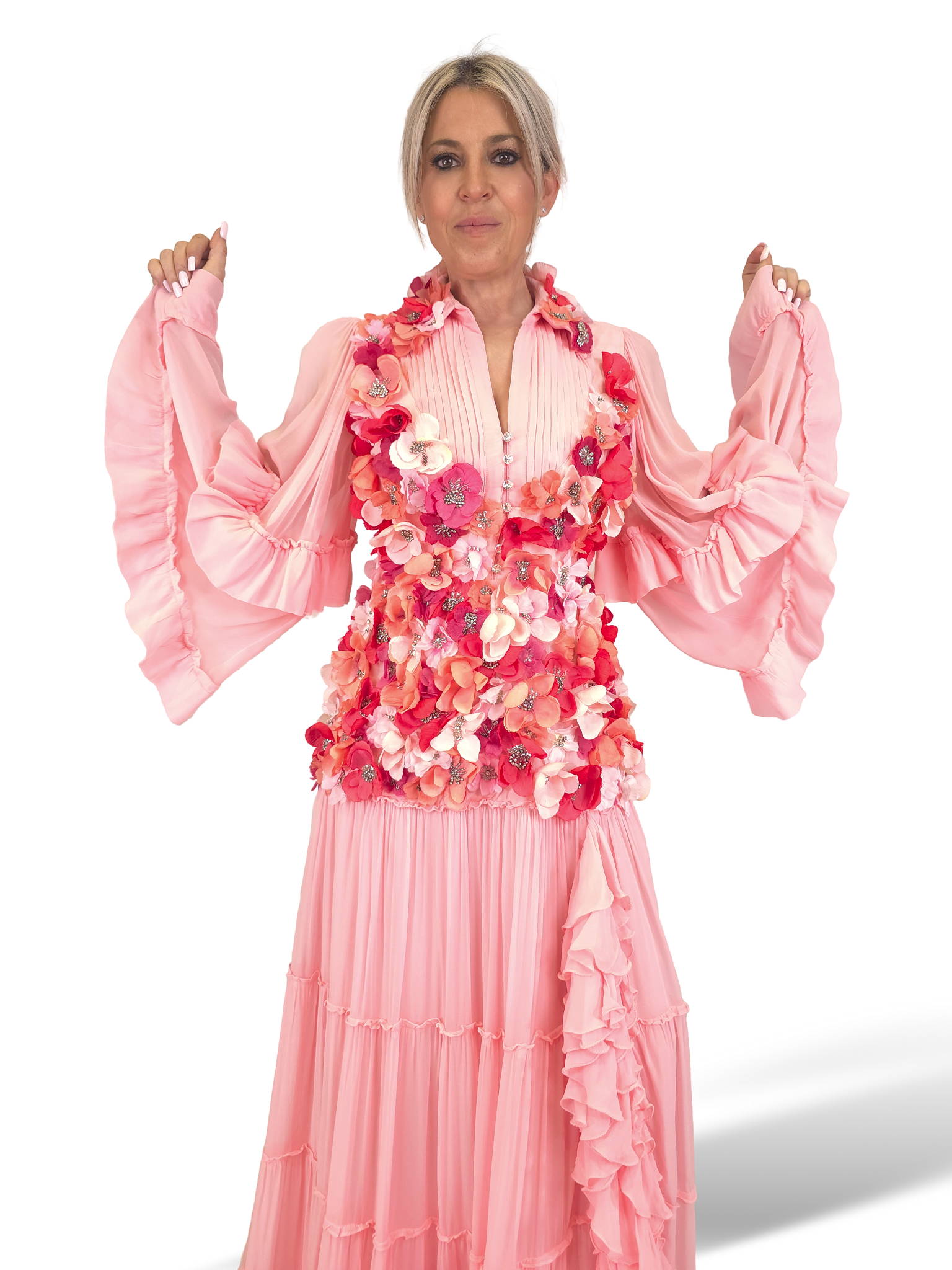 VESTIDO LARGO FLORES MANGA LARGA ROSA JOT
