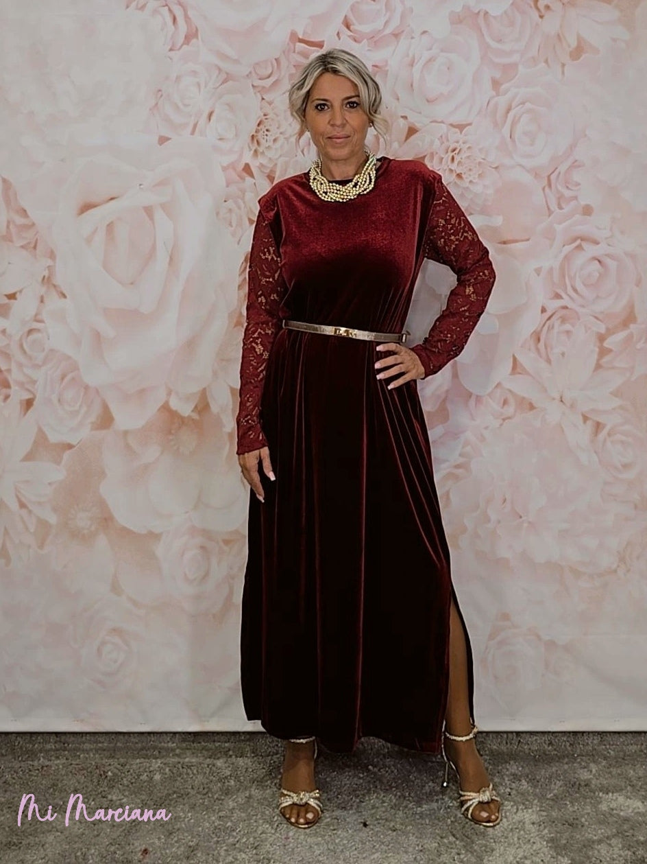 ABITO LUNGO IN VELLUTO CON MANICHE IN PIZZO JOT