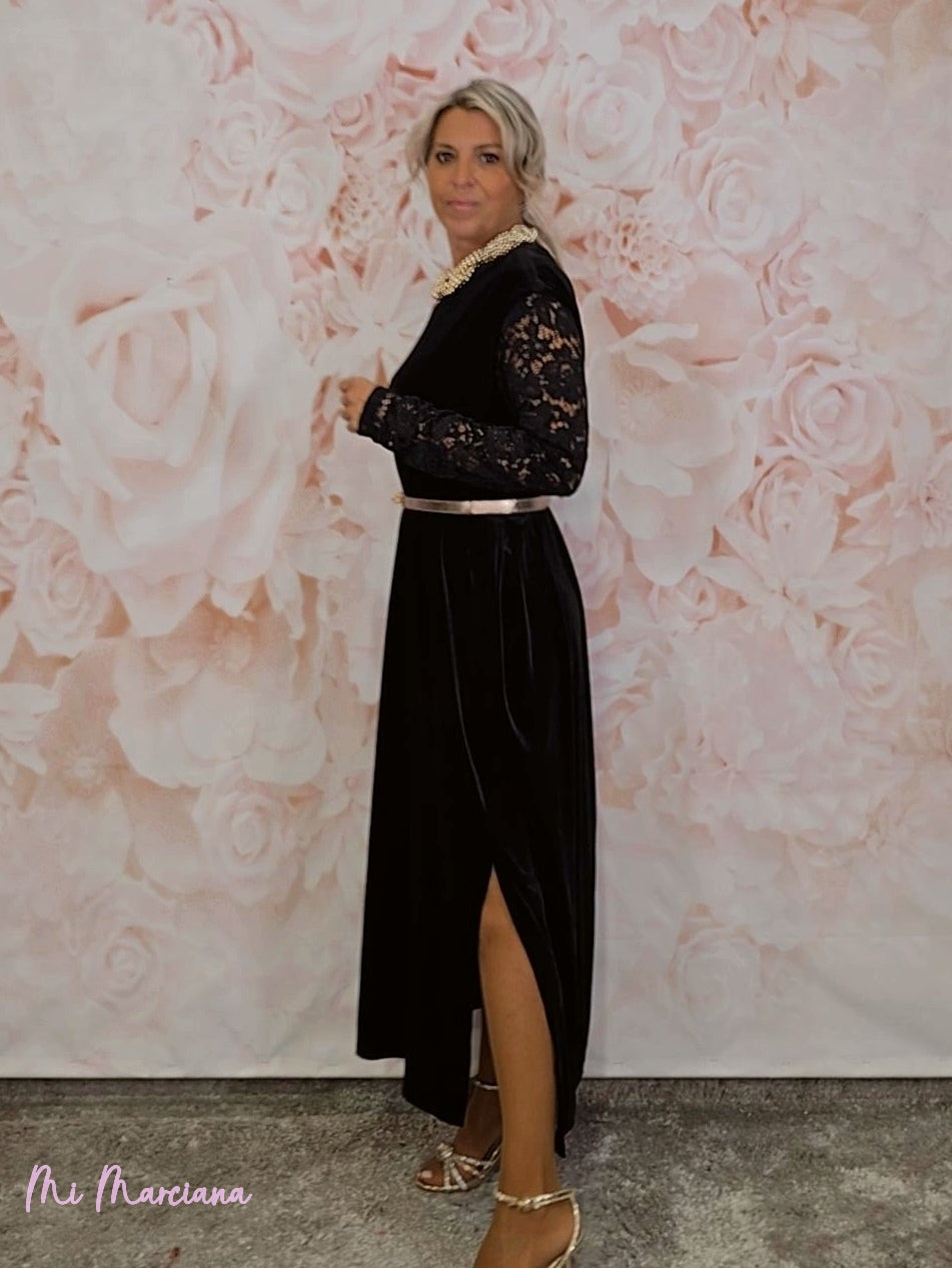 ABITO LUNGO IN VELLUTO CON MANICHE IN PIZZO JOT