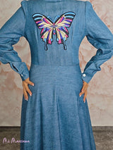 VESTIDO DE ganga AZUL COM APLIQUES