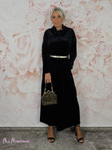 VESTIDO LONGO DE VELUDO COM DECOTE EM CASCATA JOT