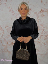 VESTIDO LONGO DE VELUDO COM DECOTE EM CASCATA JOT