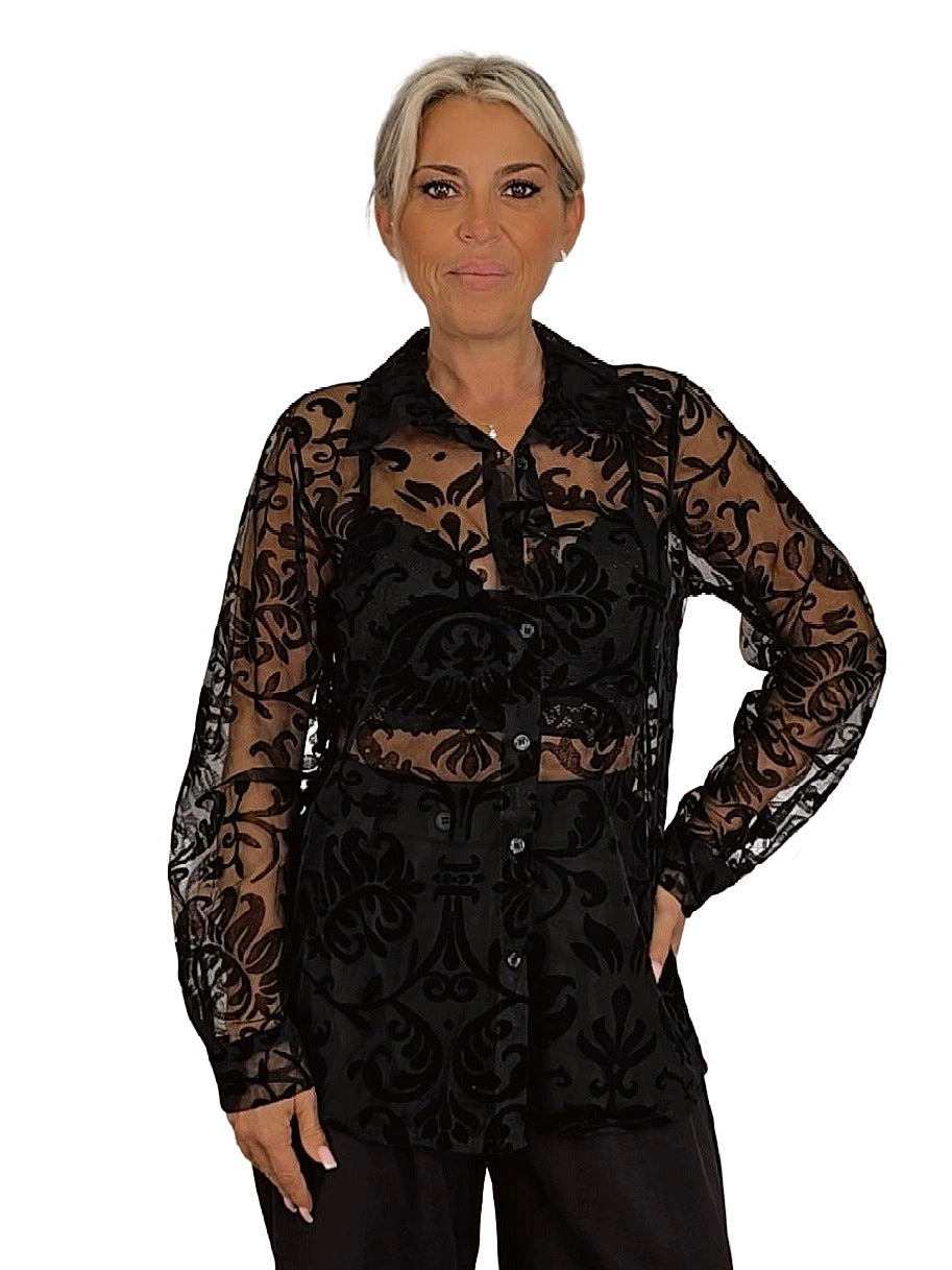 CAMISA FLOCADA TRANSPARENTE TUL FLORAL